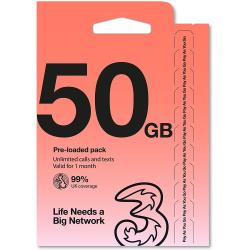 Three SIM Card - 50GB Data   Unlimited Calls and Texts in UK & 12GB Free Roaming in 71 Destinations, Valid for 30 Days